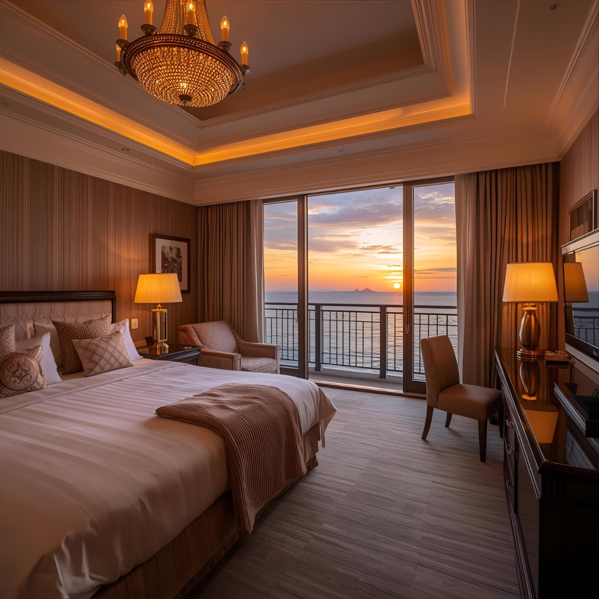 Sunset over the ocean seen from a Barksdale suite balcony