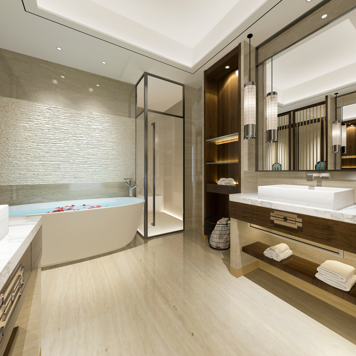 Premium Suite bathroom with freestanding soaking tub and walnut vanity