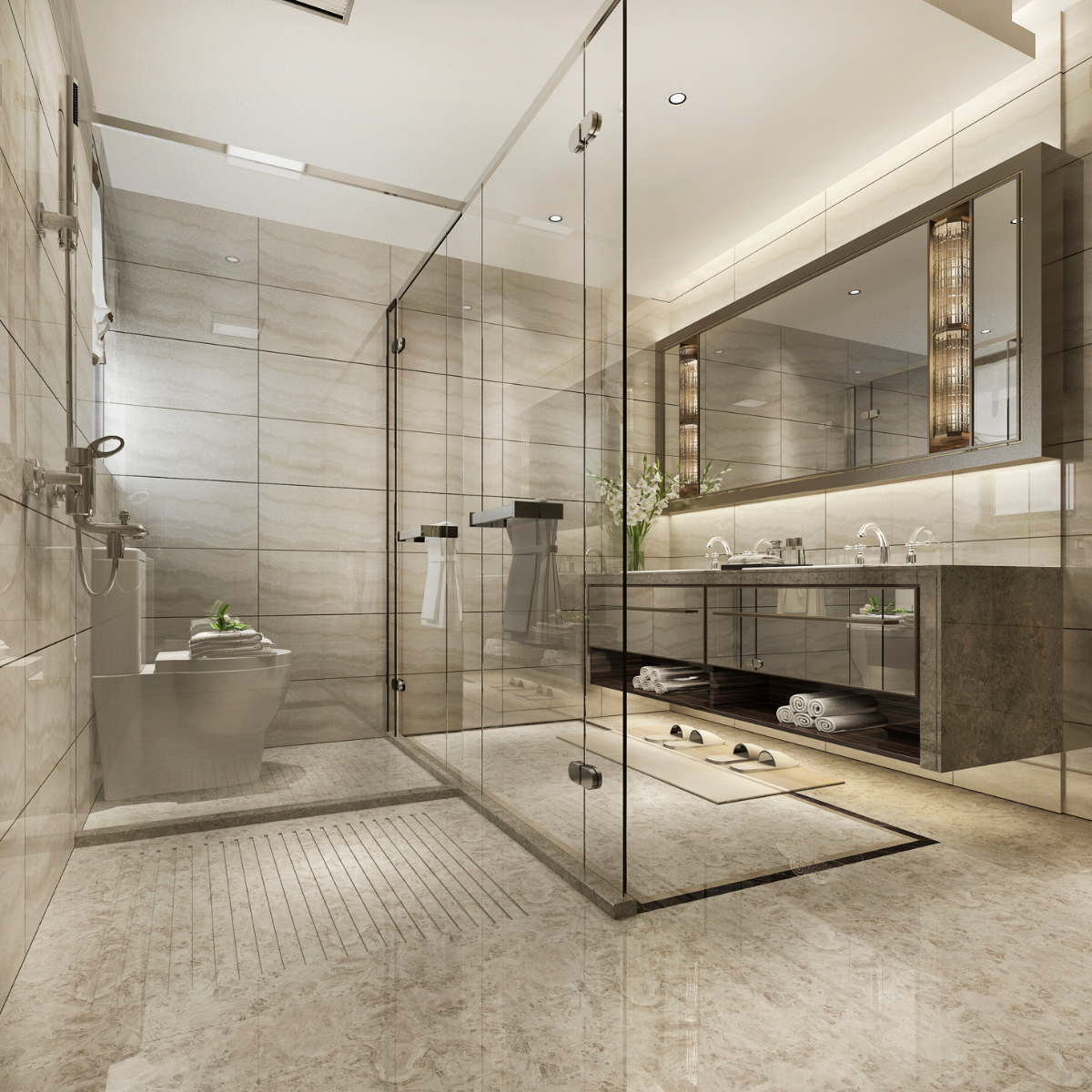 Presidential Suite bathroom in travertine with double vanity and glass shower