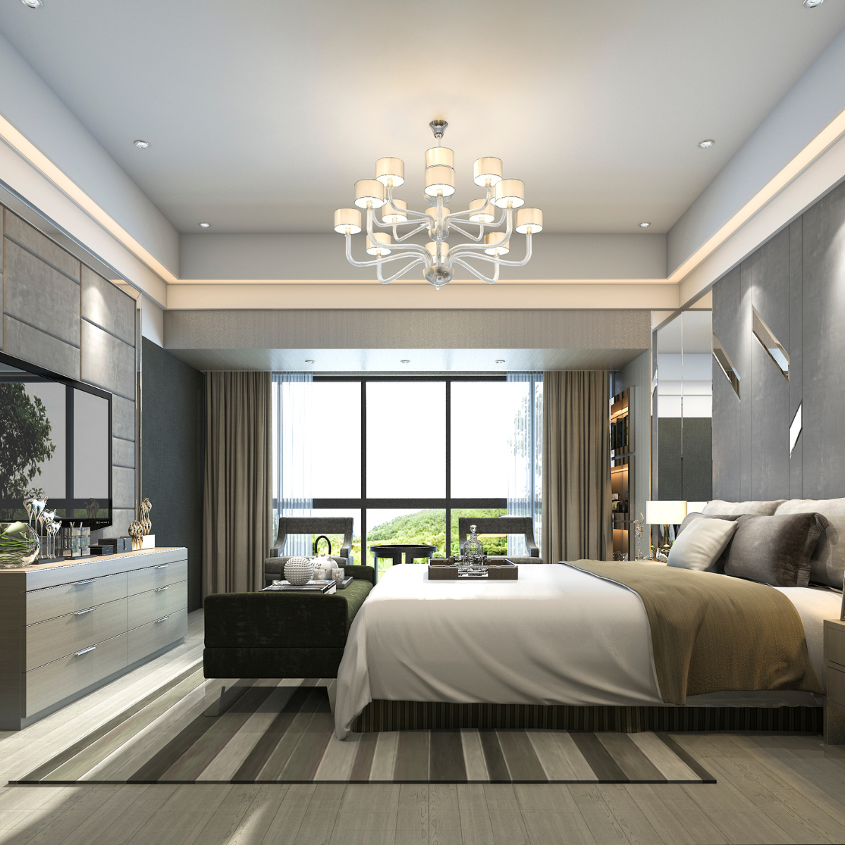 Premium Suite with chandelier, floor-to-ceiling windows and velvet bench